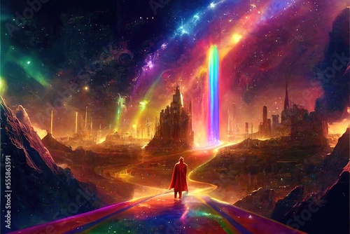 Asgard golden city floats in space cosmos stars rainbow, Generative AI photo