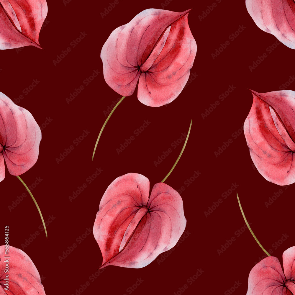 Watercolor Bohemian Flowers Seamless Pattern. Fall Floral Digital Print. Anthurium Tropical Flowers, Palm Leaf. Red Burgundy Textile Design Perfect for Fabric Printing, Invitations, Product Designs.