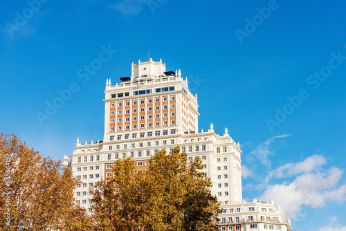 Madrid downtown. Facade of the skyscraper in Plaza de Espana called Edificio de Espana (Spain Building), 1948-1953 in neo-Baroque style. Community of Madrid, Spain, southern Europe.