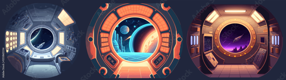 Spacecraft, shuttle or ship interior flat vector illustration. Empty spacecraft cosmos shuttle during flight in galaxy.