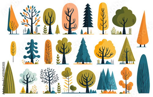 Cute cartoon trees set isolated on white background. Modern abstract stylized woodland. Christmas card, children's room decor, Scandinavian wallpaper
