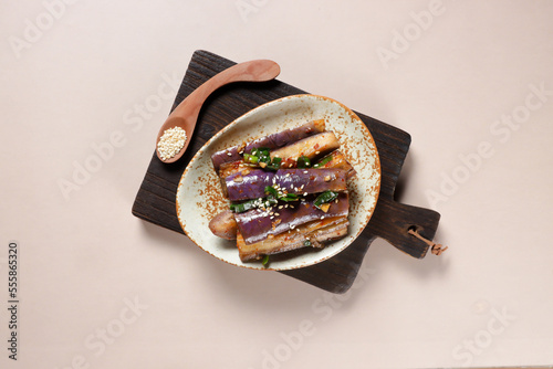 Gaji Namul is a Simple Korean Side Dish made with Steamed Eggplants. photo