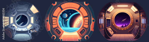 Spacecraft, shuttle or ship interior flat vector illustration. Empty spacecraft cosmos shuttle during flight in galaxy. 
