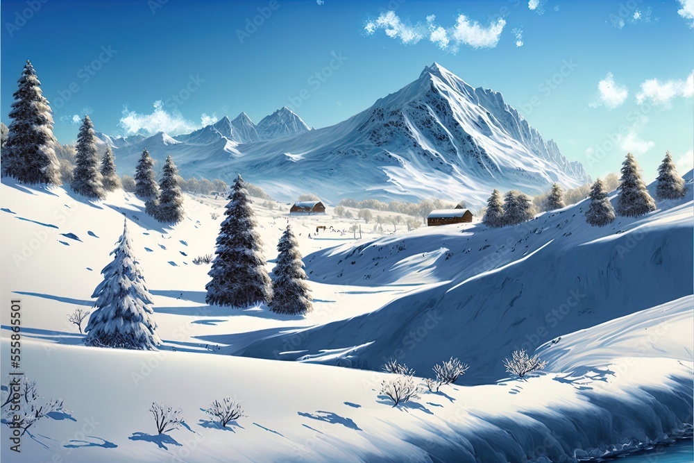 Winter landscape with snowy mountains and fields