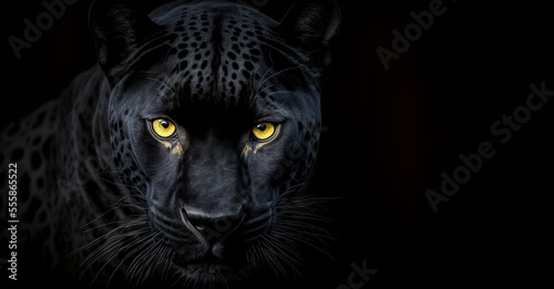 Fototapeta Front view of Panther on black background. Wild animals banner with copy space. Predator series. digital art	