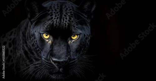 Obraz Front view of Panther on black background. Wild animals banner with copy space. Predator series. digital art	