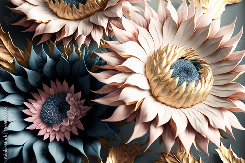 Beautiful sunflowers. Abstract floral design in pastel colors for prints, postcards or wallpaper. AI
