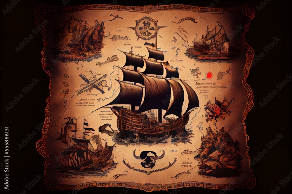Generative AI illustration of piece of pirate treasure map with ...