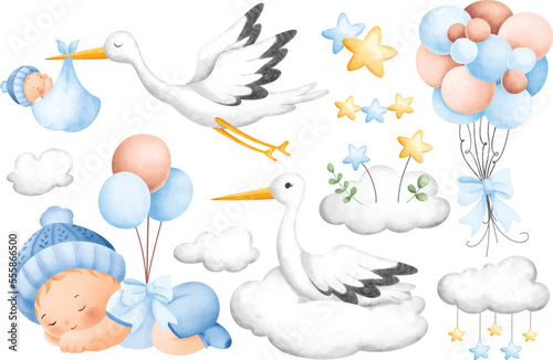 Stork and Baby Boy Clipart. Watercolor illustration. Great for card and greetings.