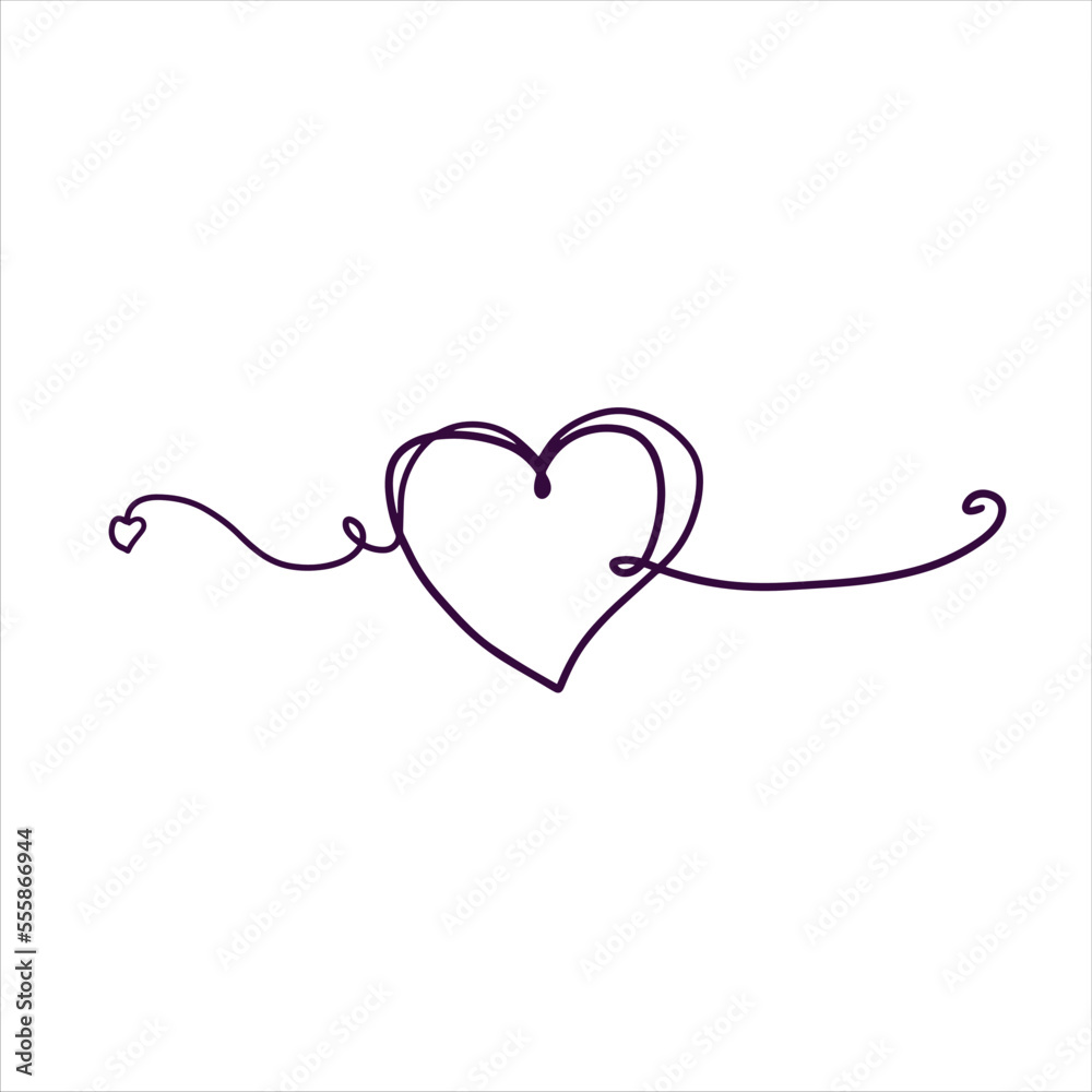 One line heart drawing. Romantic symbol of Valentine Day. Linear decoration isolated on white