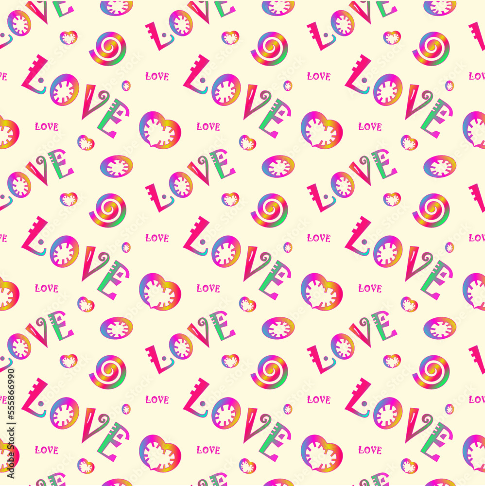 Pattern for the day of lovers from bright multi-colored inscriptions of love. Beautiful, bright, festive, childish, seamless printing background, wrapping gift paper, wallpaper Pattern for the day of lovers from bright multi-colored inscriptions of love. Beautiful, bright, festive, childish, seamless printing background, wrapping gift paper, wallpaper