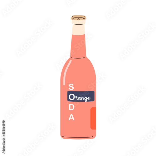 Soda drink, cold orange lemonade in glass bottle. Fizzy carbonated sweet fresh beverage, cocktail. Cooling refreshment, refreshing juice. Flat vector illustration isolated on white background