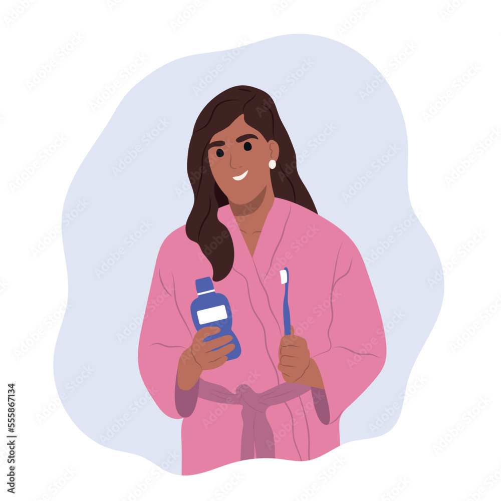 A young smiling african american girl is holding a toothbrush and mouthwash. World Oral Health Day. Vector flat illustration A young smiling african american girl is holding a toothbrush and mouthwash. World Oral Health Day. Vector flat illustration