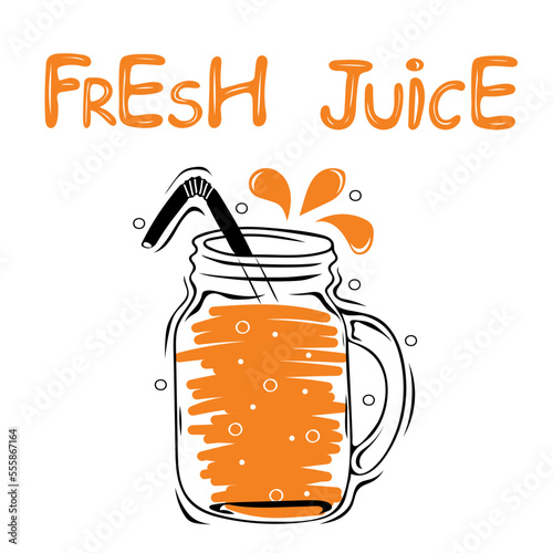 Glass jar with fresh juice. Summer drink. Healthy food poster. Hand drawn vector elements of smoothies, lemonade, detox and fruits in sketch style