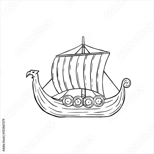 Viking boat. Nordic Drakkar, Swedish warship. Longship with oars. Cartoon scandinavian sailboat