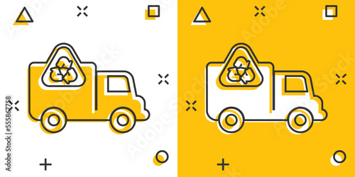 Garbage truck icon in comic style. Recycle cartoon vector illustration on white isolated background. Trash car splash effect sign business concept.