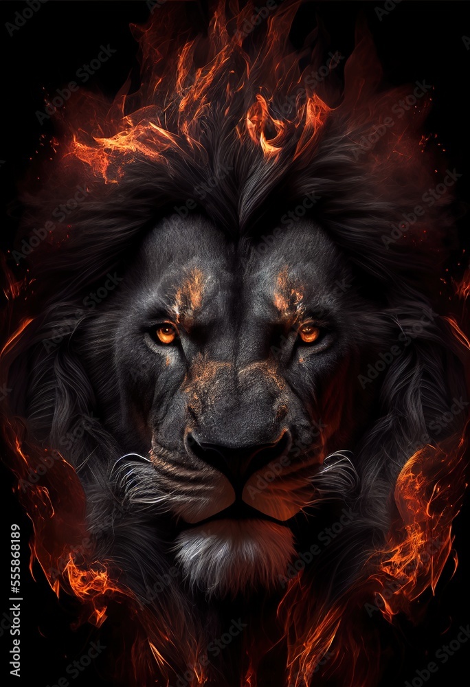 Naklejka premium Stunning lion portrait surrounded by flame and smoke on dark background. Generative art