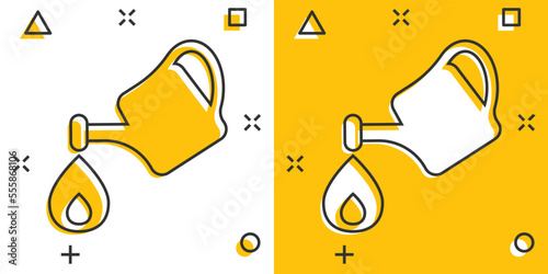 Watering can icon in comic style. Garden tool cartoon vector illustration on white isolated background. Cultivate growth splash effect sign business concept.