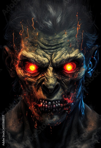 Zombie with blazing eyes surrounded by flame and smoke on dark background. Generative art