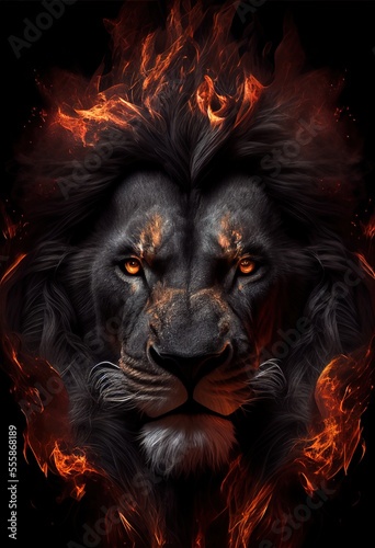 Stunning lion portrait surrounded by flame and smoke on dark background. Generative art