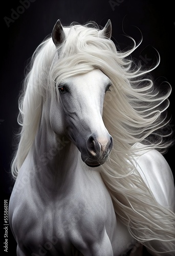 Gorgeous white horse, with long flowing mane. Generative art © Cheport