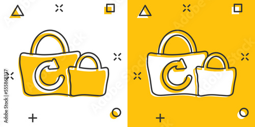 Eco bag icon in comic style. Ecobag cartoon vector illustration on white isolated background. Reusable shopper splash effect sign business concept.