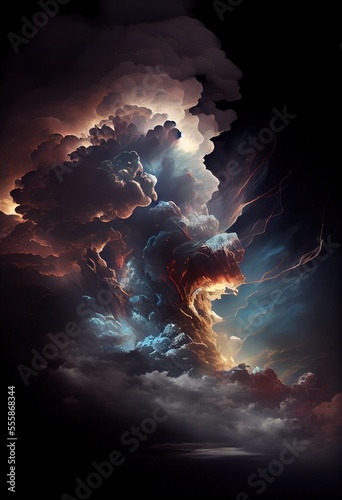 Stunning abstract illustration of dramatic clouds in dark tones. Generative art 