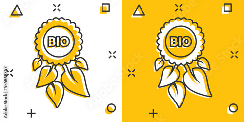Medal and leaf icon in comic style. Vegan friendly cartoon vector illustration on white isolated background. Nature winner splash effect sign business concept.
