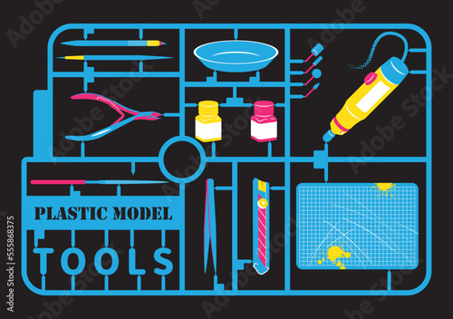 Tools set vector illustration. Plastic Model mold kit. Cutter, brush, paint, die grinder, cutting mat, utility knife, tweezers, grinding file.