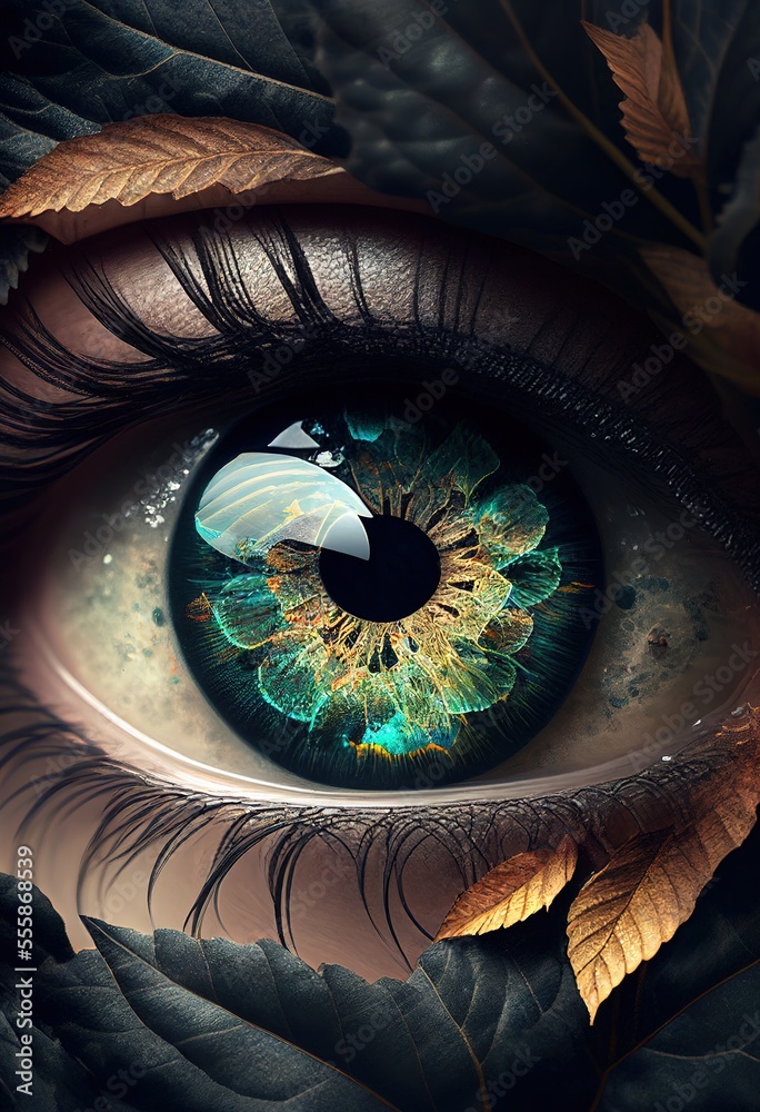 Stunning abstract illustration of colorful female eye surrounded by dark foliage around, ultra close-up. Generative art
