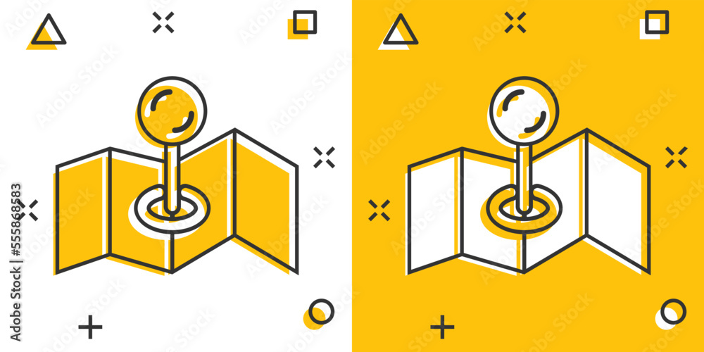 Map pin icon in comic style. GPS navigation cartoon vector illustration on white isolated background. Locate position splash effect business concept.