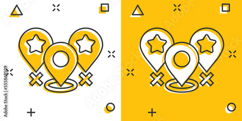 Map pin icon in comic style. GPS navigation cartoon vector illustration on white isolated background. Locate position splash effect business concept.
