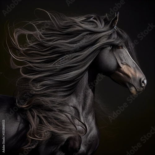 Gorgeous black horse, with long flowing mane. Generative art