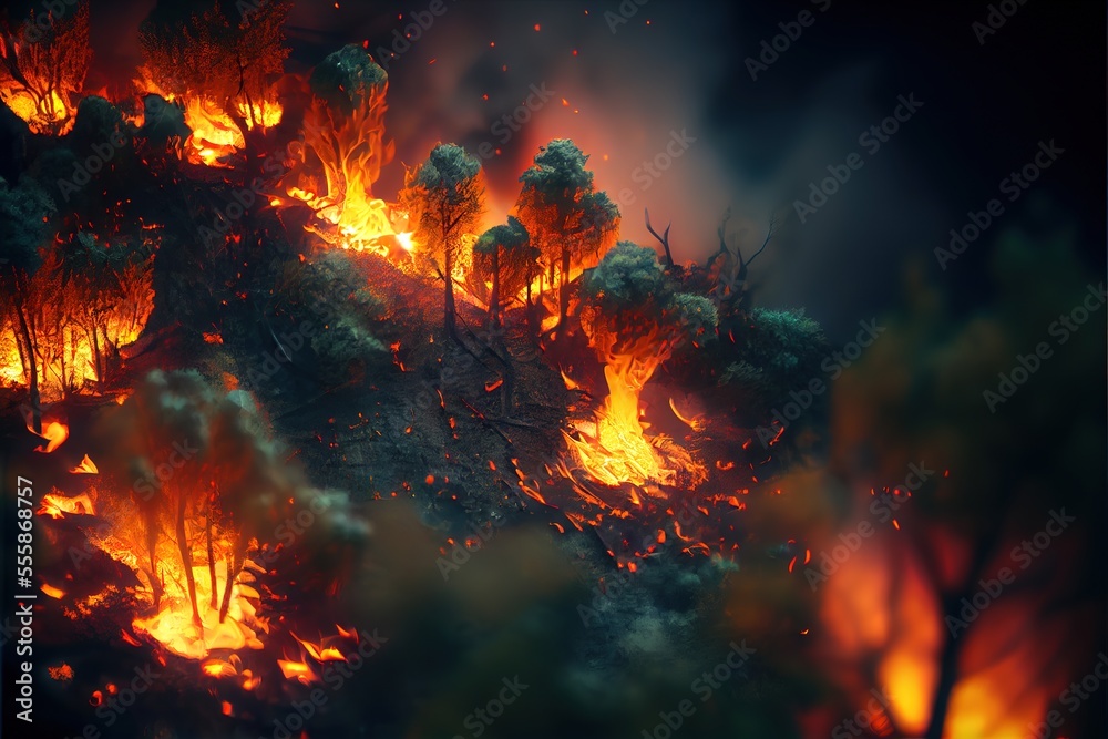 Aerial view of cartoon forest is on fire. Generative art