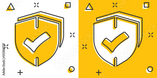 Shield with check mark icon in comic style. Protect cartoon vector illustration on white isolated background. Checkmark guard splash effect business concept.