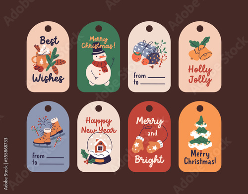 Christmas holiday tags set. Xmas cards, festive labels for hanging on gifts. New Year badges designs, printable decorations, ornaments with holes for presents. Isolated flat vector illustrations