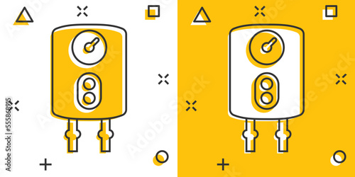 Gas boiler icon in comic style. Heater cartoon vector illustration on isolated background. Boiling splash effect sign business concept.