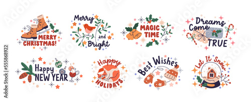 Winter holiday stickers with Merry Christmas and Happy New Year typography. Xmas compositions with quotes, festive advent decorations set. Flat vector illustrations isolated on white background