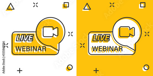 Live webinar icon in comic style. Online training cartoon vector illustration on isolated background. Conference stream splash effect sign business concept.