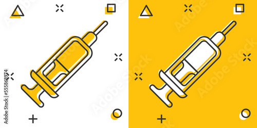 Syringe icon in comic style. Coronavirus vaccine inject cartoon vector illustration on isolated background. Covid-19 vaccination splash effect sign business concept.