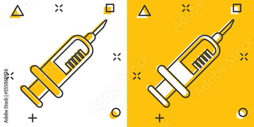 Syringe icon in comic style. Coronavirus vaccine inject cartoon vector illustration on isolated background. Covid-19 vaccination splash effect sign business concept.
