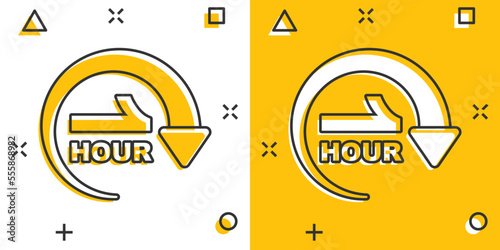 1 hour clock icon in comic style. Timer countdown cartoon vector illustration on isolated background. Time measure splash effect sign business concept.