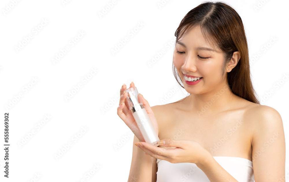 Young asian girl clean fresh and bright skin face holding bottle of serum for skin care and spa treatment product with no logo white background. Young asian girl clean fresh and bright skin face holding bottle of serum for skin care and spa treatment product with no logo white background.