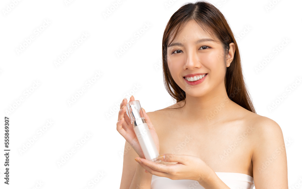 Young beautiful asian woman clean face skin smiley face looking camera holding bottle of serum presenting skin care and spa product white background. Young beautiful asian woman clean face skin smiley face looking camera holding bottle of serum presenting skin care and spa product white background.