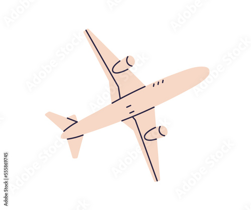 Airplane flying. Plane, aircraft, air transport in flight. Aeroplane travels, flies, bottom view. Aviation, airliner outside. Flat vector illustration isolated on white background