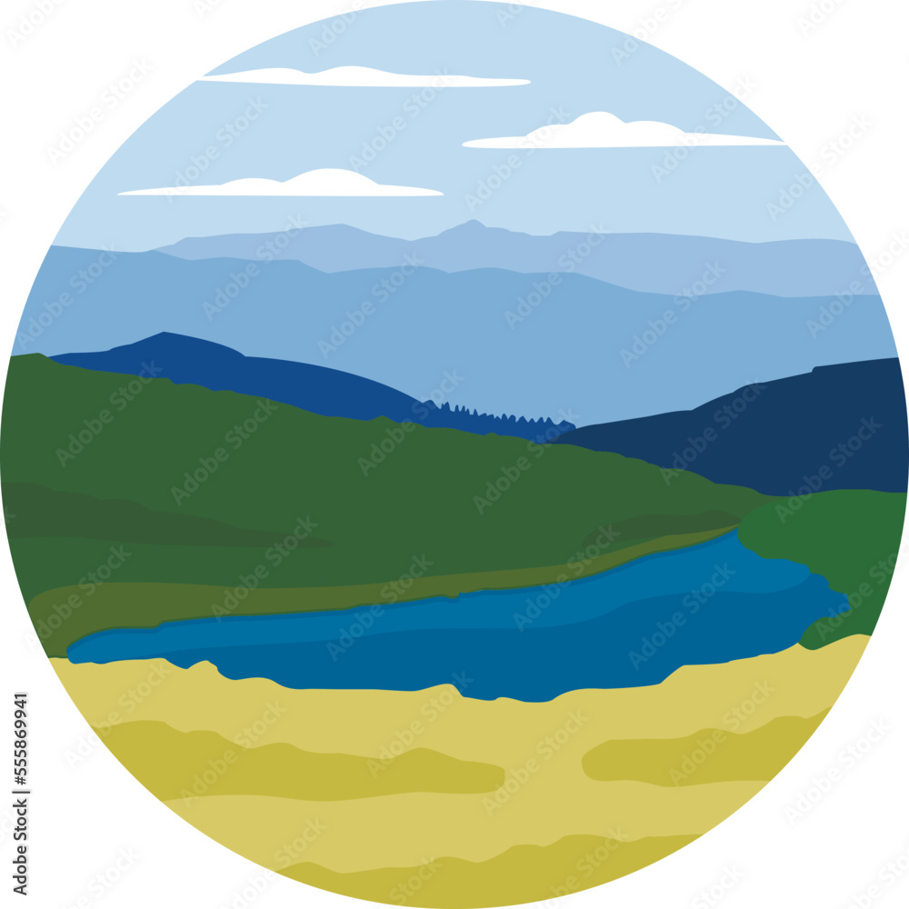 landscape with a lake and mountains in a circle. vector illustration