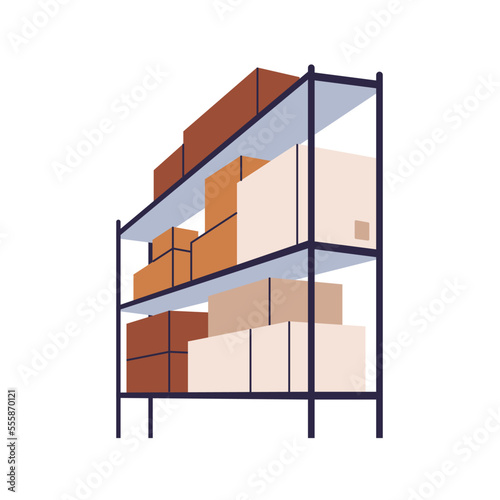 Boxes, cardboard packages on shelf in warehouse. Goods, parcels stacked for storage on metal rack in stockroom. Carton packs in storehouse. Flat vector illustration isolated on white background