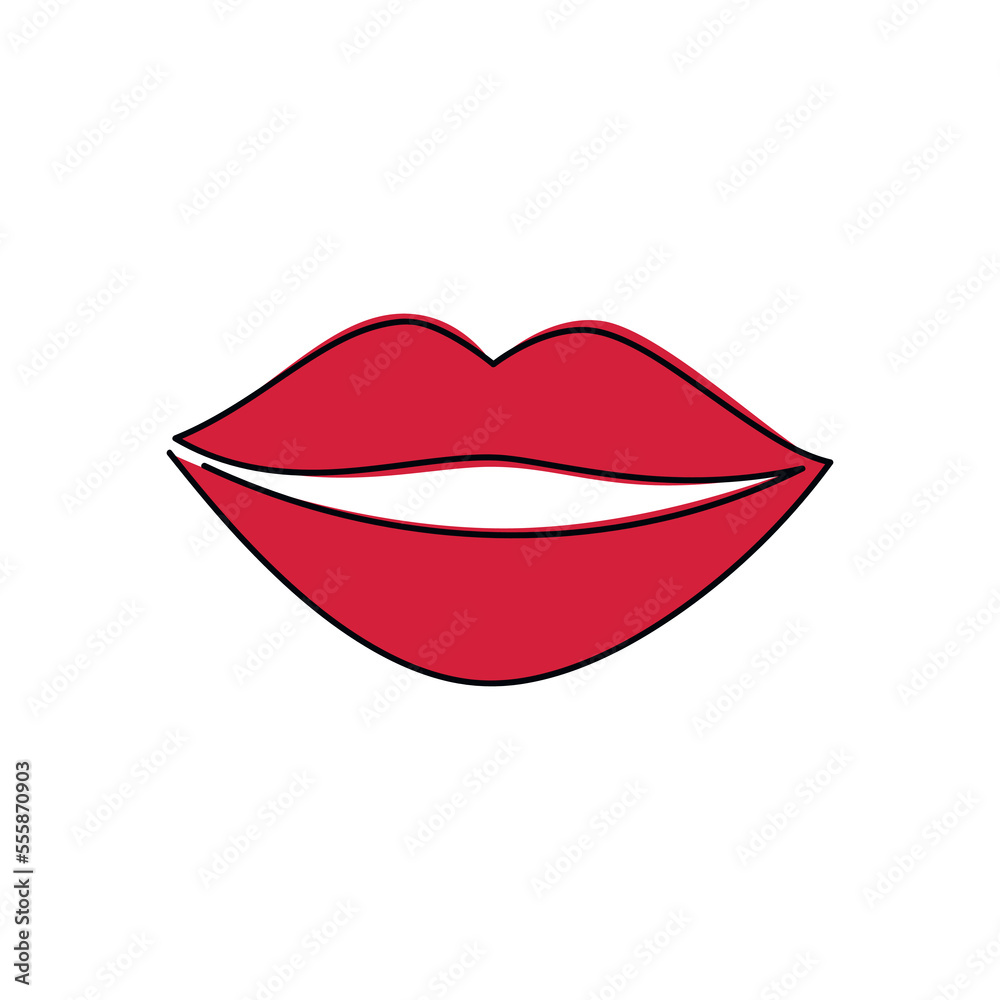 Red lips one line continuous drawing vector. Outline silhouette illustration.Female hand drawn mouth linear icon.Minimal design element for print, banner, Valentine’s card, wall art poster, brochure.