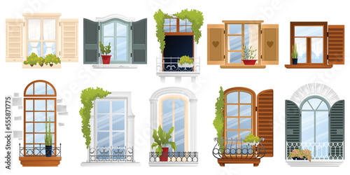 Vintage Old European Balcony Window Icon Set