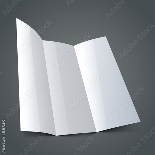 Blank shiny paper tri-fold brochure mock-up with realistic shadow on dark grey background